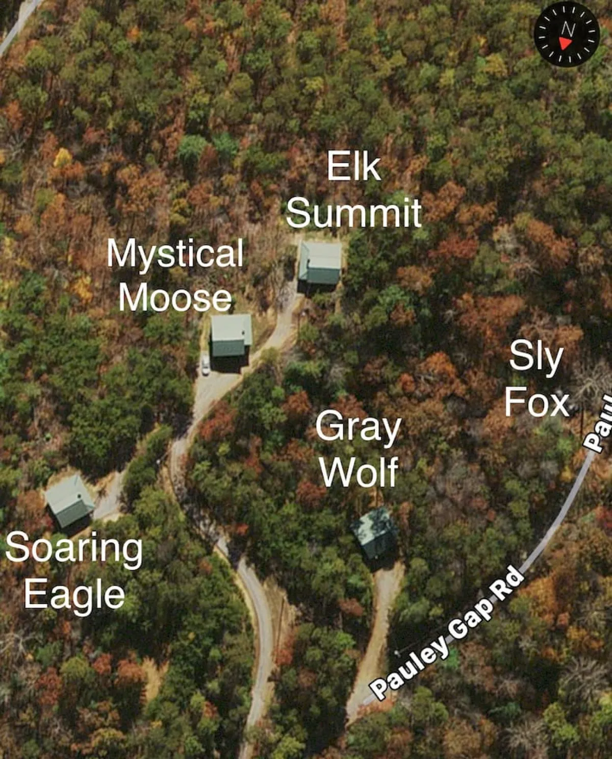 A panoramic view over the mountain enclave, with lush forested hills and distant mountain peaks. Subtle paths and clearings hint at hiking or nature walks, while the setting exudes tranquility and adventure. Multiple cabins are visible, blending into the landscape and showcasing the vastness and pet-friendly exploration opportunities.
